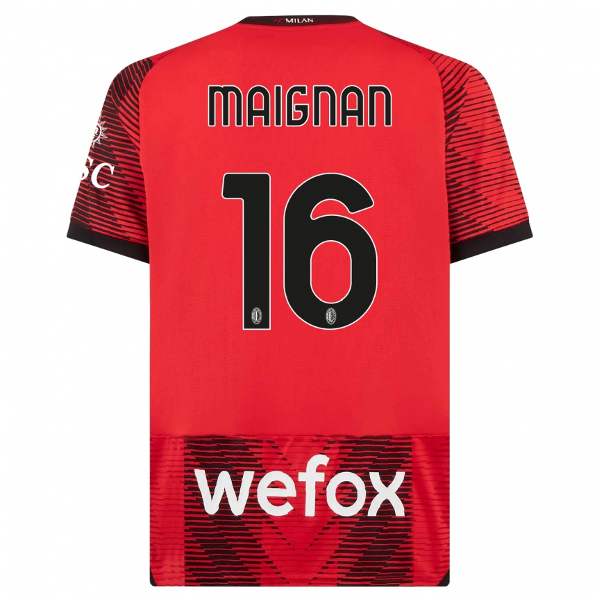 Niño Fútbol Camiseta Mike Maignan #16 Negro Rojo 1ª Equipación 2023/24 Perú