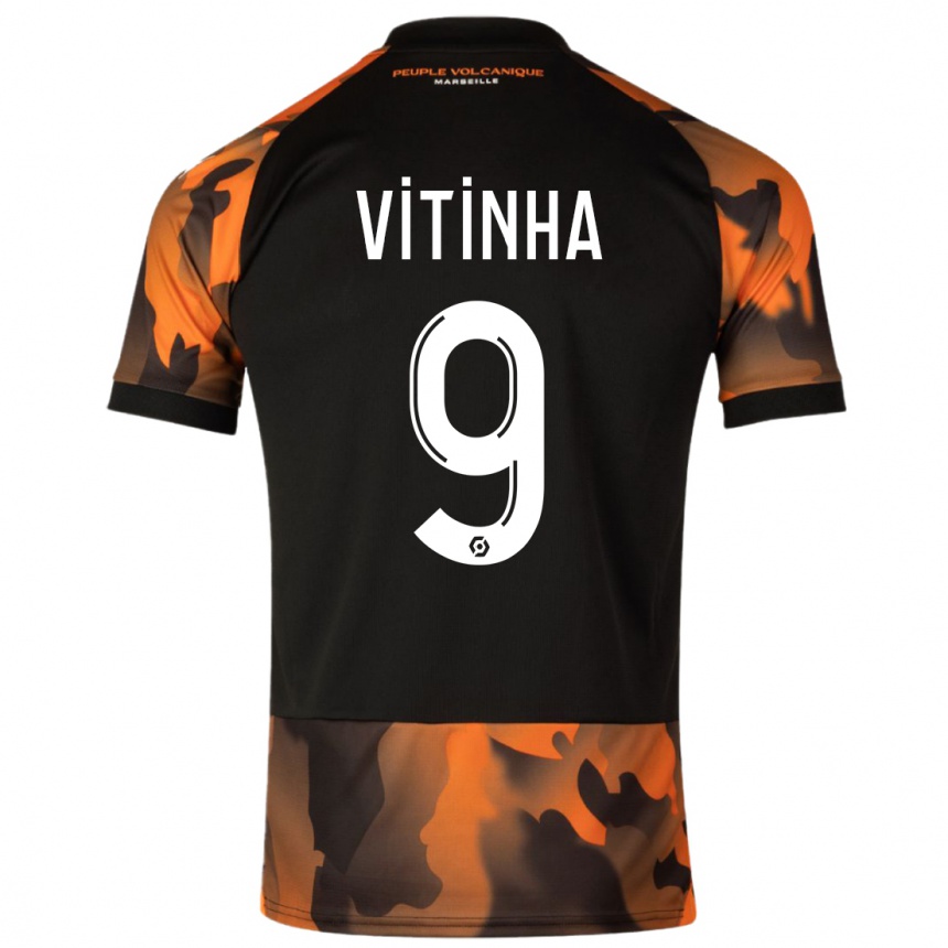 Niño Fútbol Camiseta Vitinha #9 Negro Naranja Equipación Tercera 2023/24 Perú