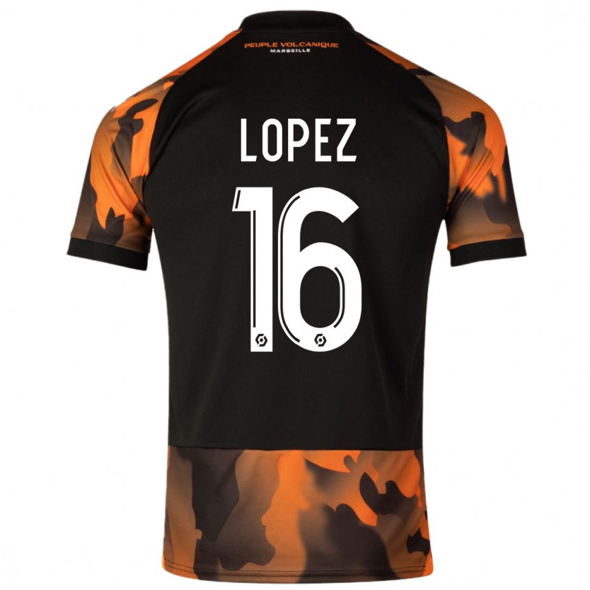 Niño Fútbol Camiseta Pau Lopez #16 Negro Naranja Equipación Tercera 2023/24 Perú