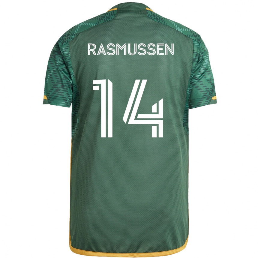 Niño Fútbol Camiseta Justin Rasmussen #14 Verde Naranja 1ª Equipación 2024/25 Perú