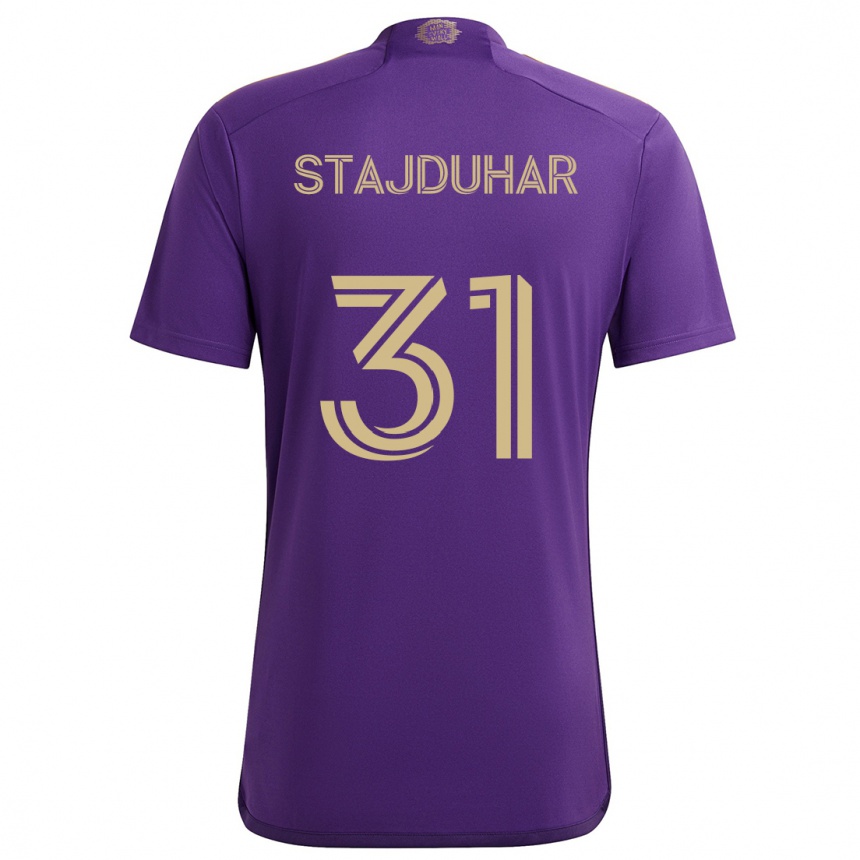 Niño Fútbol Camiseta Mason Stajduhar #31 Púrpura Amarillo 1ª Equipación 2024/25 Perú