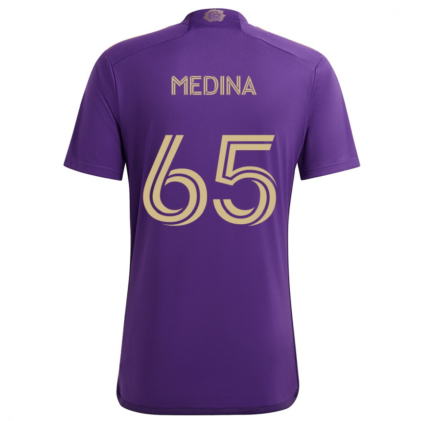 Niño Fútbol Camiseta Cristian Medina #65 Púrpura Amarillo 1ª Equipación 2024/25 Perú