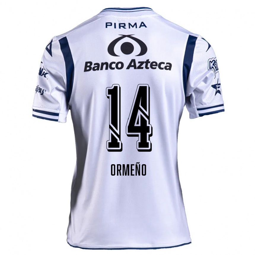 Niño Fútbol Camiseta Santiago Ormeño #14 Blanco Azul Marino 1ª Equipación 2024/25 Perú