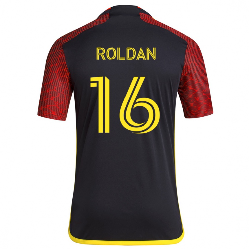 Niño Fútbol Camiseta Álex Roldán #16 Negro Rojo 2ª Equipación 2024/25 Perú