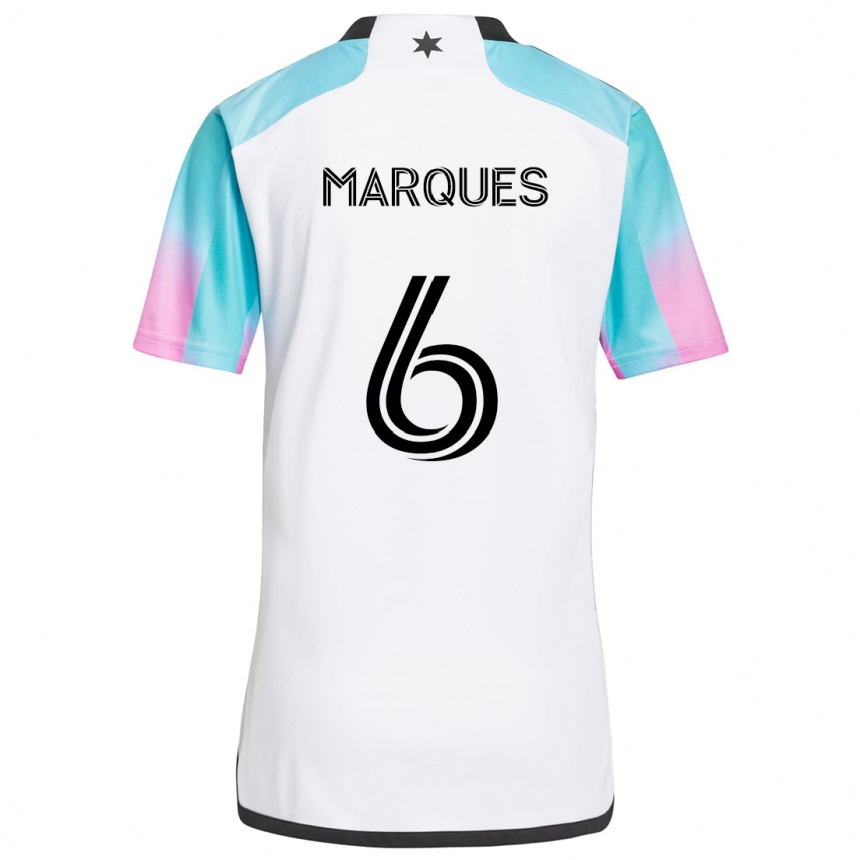 Niño Fútbol Camiseta Mikael Marqués #6 Blanco Azul Negro 2ª Equipación 2024/25 Perú