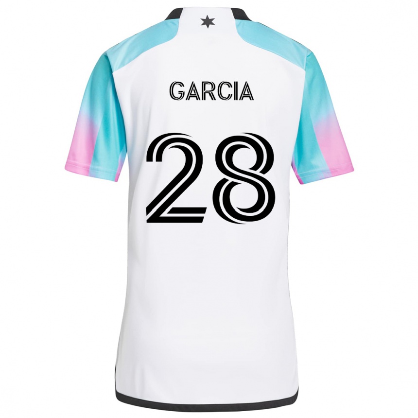 Niño Fútbol Camiseta Mender García #28 Blanco Azul Negro 2ª Equipación 2024/25 Perú