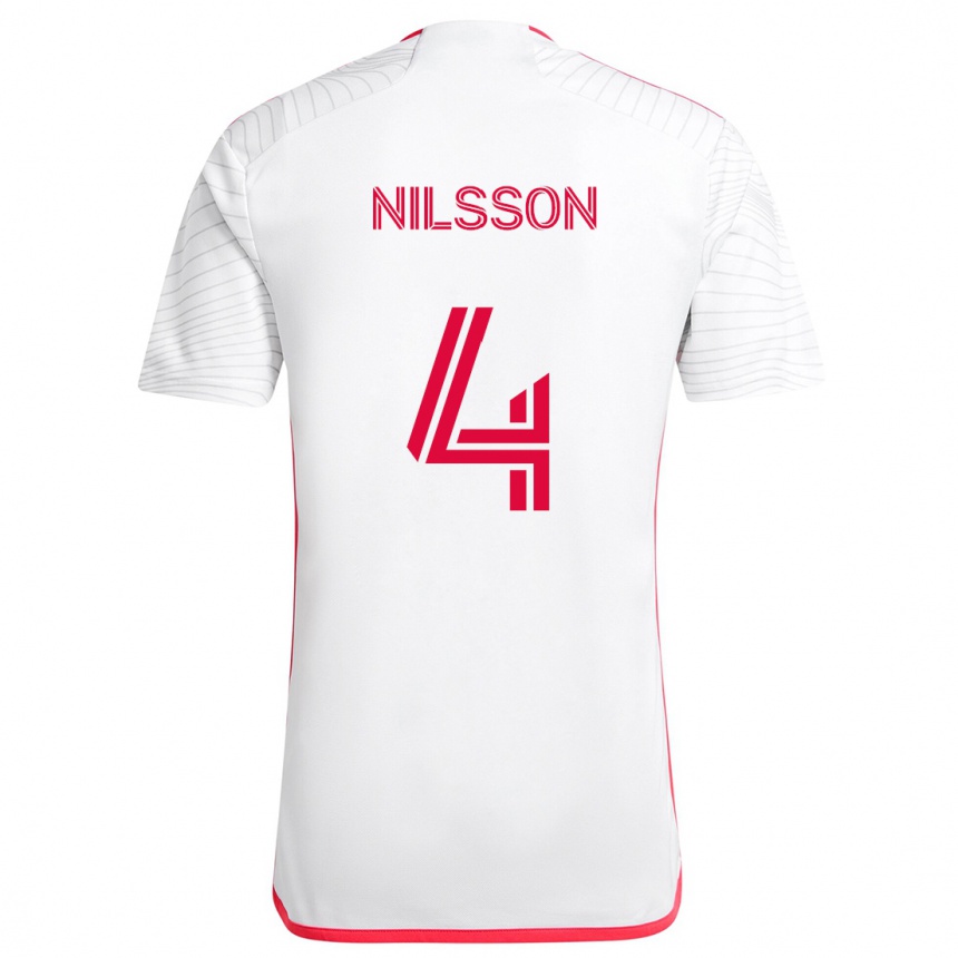 Niño Fútbol Camiseta Joakim Nilsson #4 Blanco Rojo 2ª Equipación 2024/25 Perú