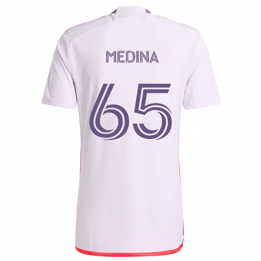 Niño Fútbol Camiseta Cristian Medina #65 Blanco Rojo Púrpura 2ª Equipación 2024/25 Perú