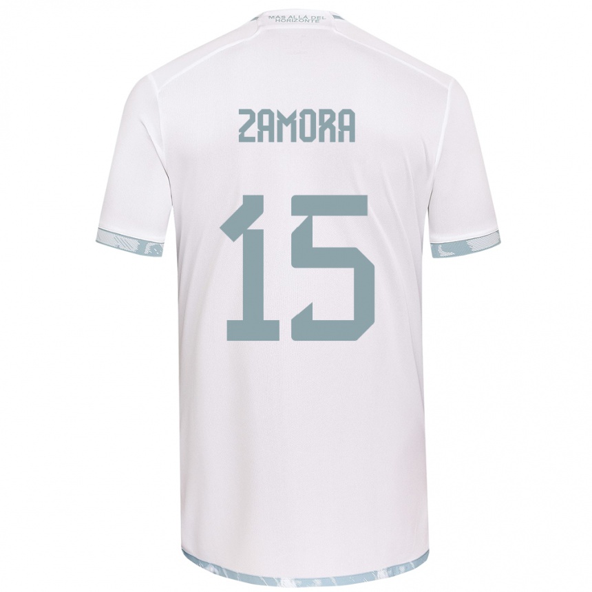 Niño Fútbol Camiseta Daniela Zamora #15 Gris Blanco 2ª Equipación 2024/25 Perú