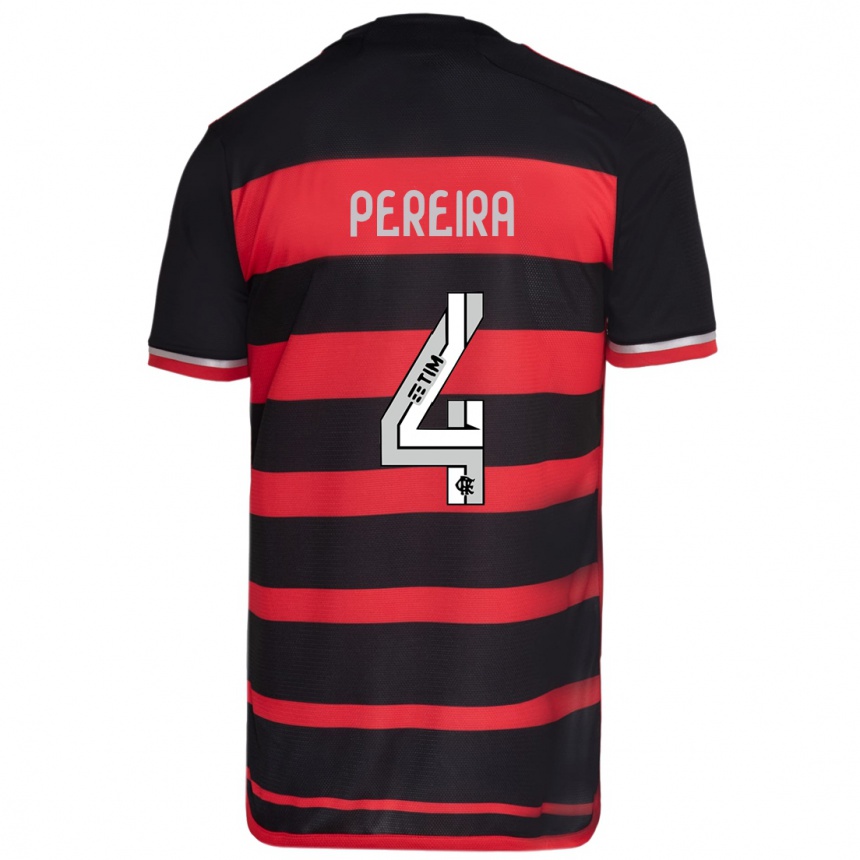 Hombre Fútbol Camiseta Léo Pereira #4 Negro Rojo 1ª Equipación 2024/25 Perú