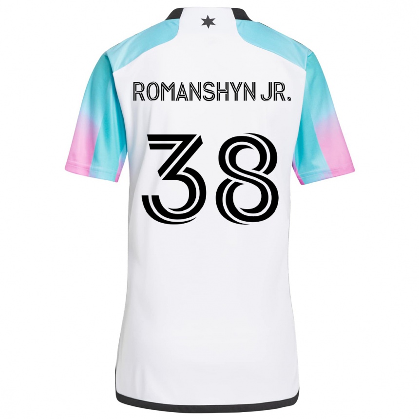 Hombre Fútbol Camiseta Kage Romanshyn Jr. #38 Blanco Azul Negro 2ª Equipación 2024/25 Perú