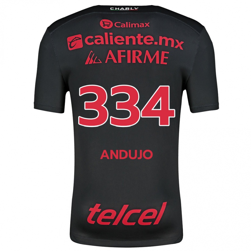 Niño Fútbol Camiseta Favio Andujo #334 Negro Rojo 1ª Equipación 2024/25 Perú