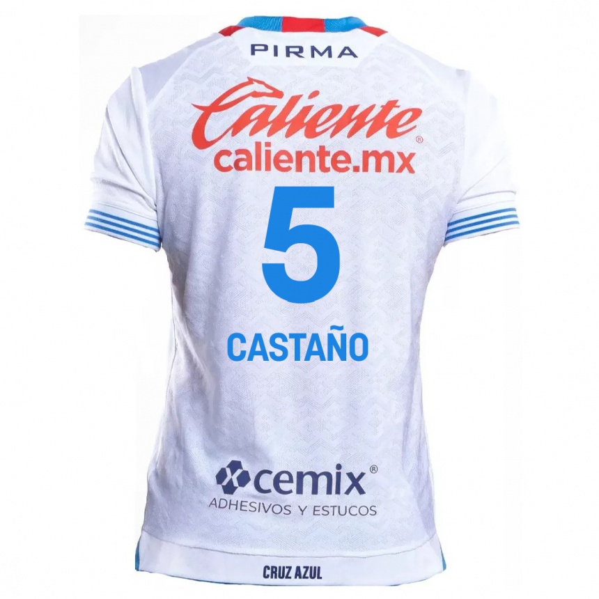 Niño Fútbol Camiseta Kevin Castaño #5 Blanco Azul 2ª Equipación 2024/25 Perú