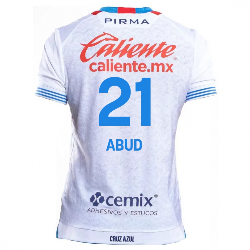 Niño Fútbol Camiseta Karime Abud #21 Blanco Azul 2ª Equipación 2024/25 Perú