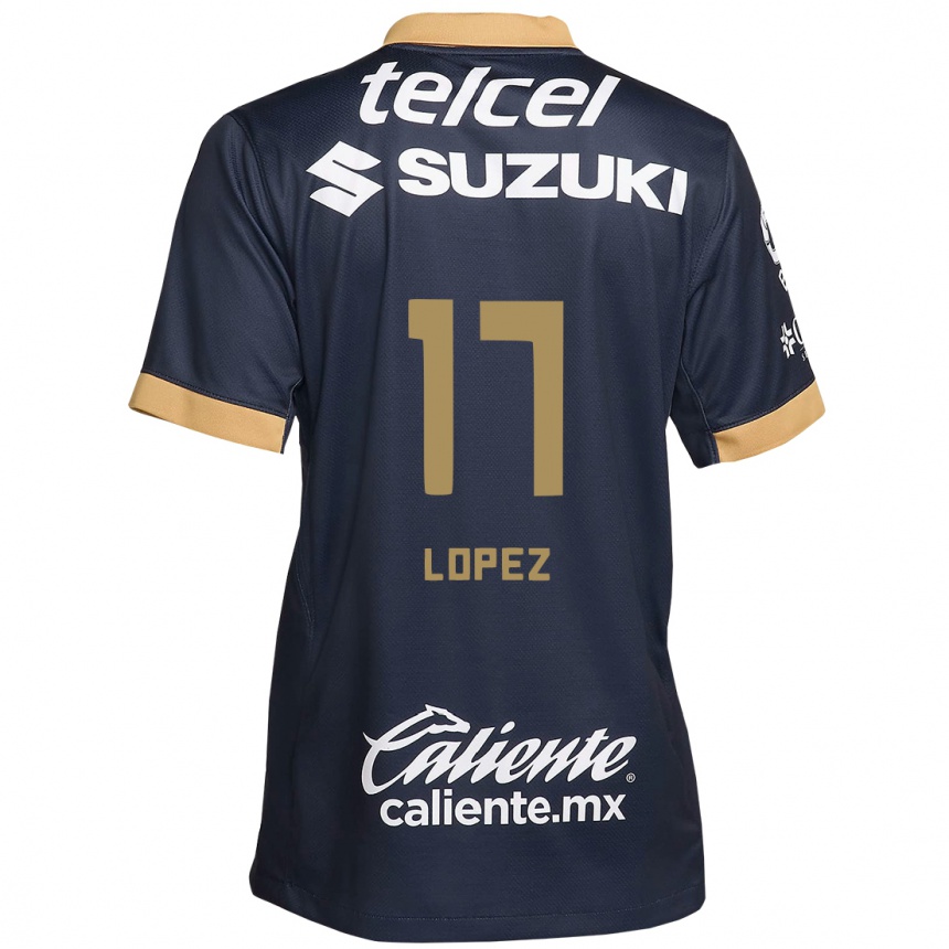 Niño Fútbol Camiseta Leonel Lopez #17 Obsidiana Dorada Blanca 2ª Equipación 2024/25 Perú