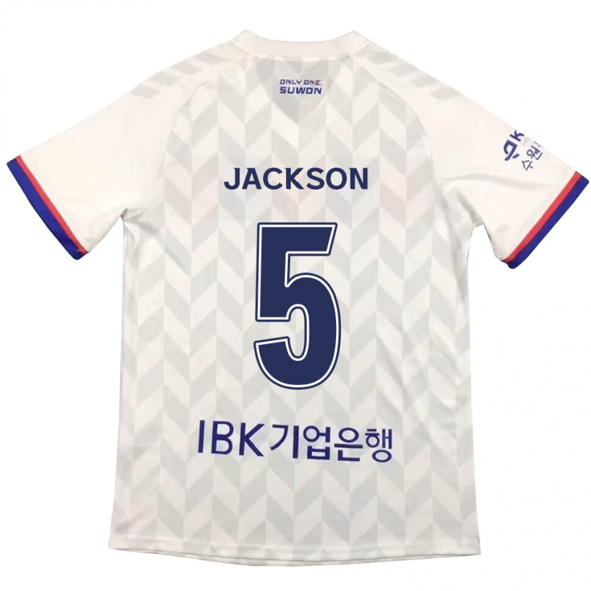 Hombre Fútbol Camiseta Lachlan Jackson #5 Blanco Azul 2ª Equipación 2024/25 Perú