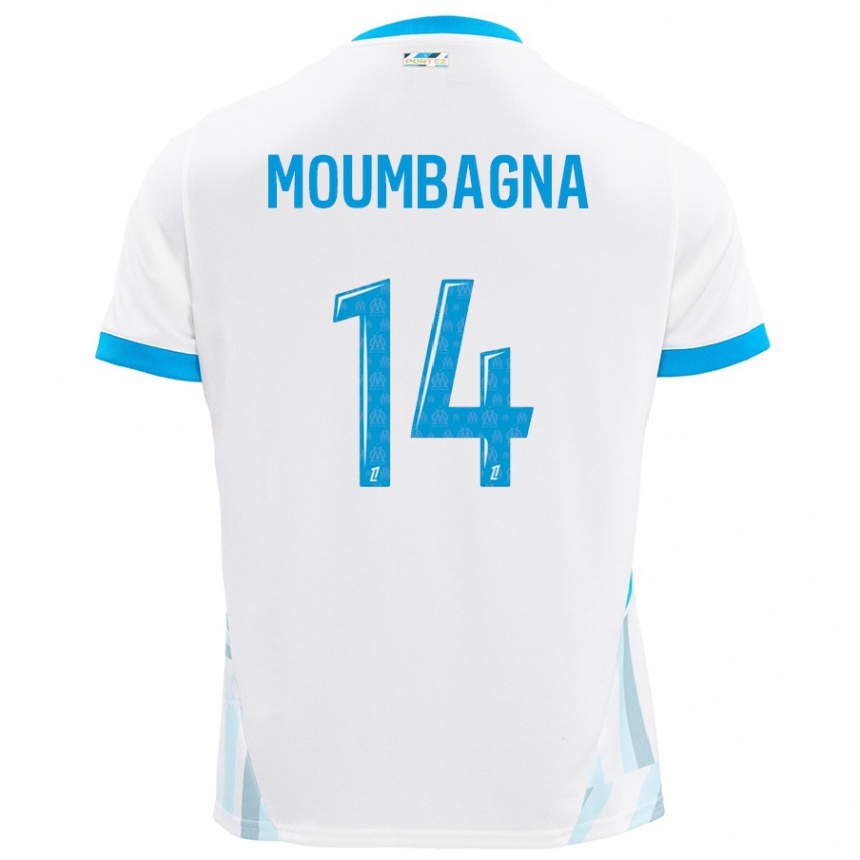 Niño Fútbol Camiseta Faris Moumbagna #14 Blanco Azul Cielo 1ª Equipación 2024/25 Perú