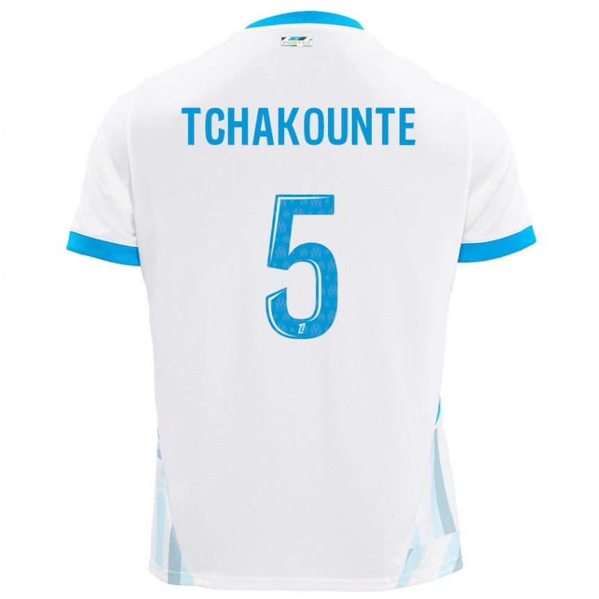 Niño Fútbol Camiseta Annaëlle Tchakounté #5 Blanco Azul Cielo 1ª Equipación 2024/25 Perú