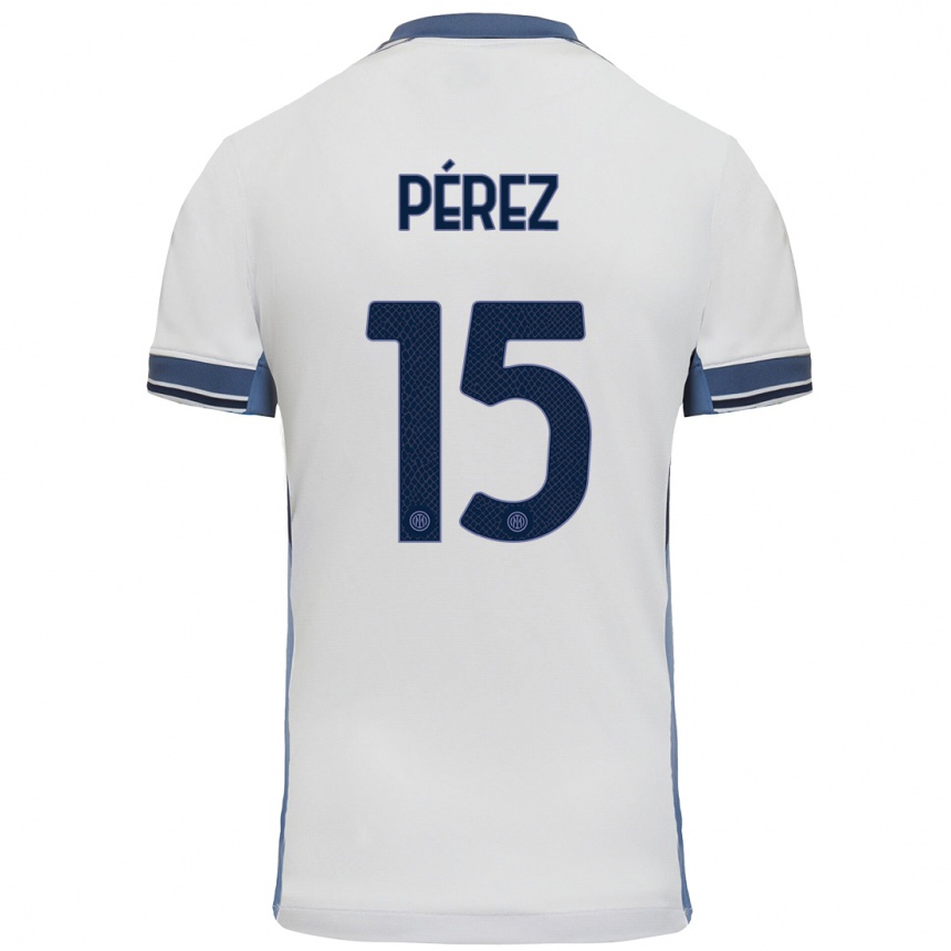 Niño Fútbol Camiseta Álex Pérez #15 Blanco Gris 2ª Equipación 2024/25 Perú