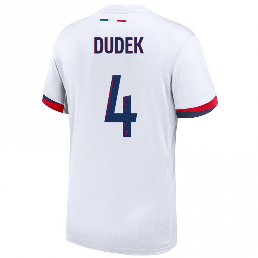 Niño Fútbol Camiseta Paulina Dudek #4 Blanco Azul Rojo 2ª Equipación 2024/25 Perú