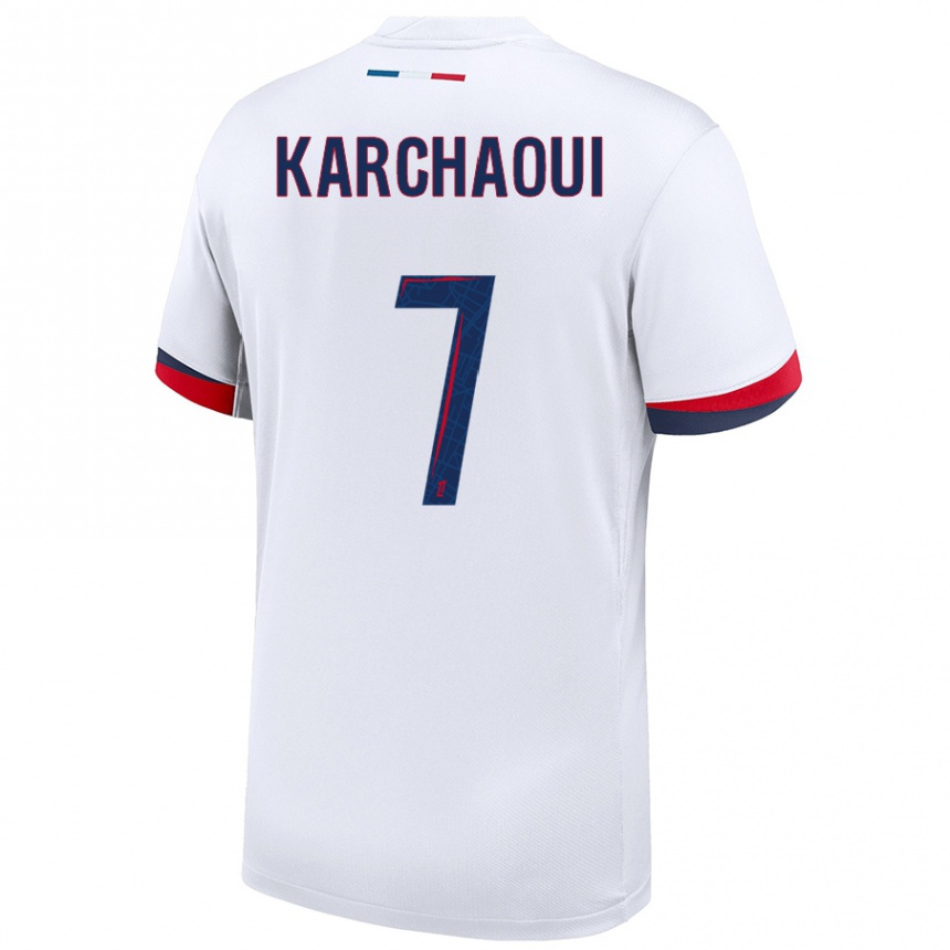 Niño Fútbol Camiseta Sakina Karchaoui #7 Blanco Azul Rojo 2ª Equipación 2024/25 Perú