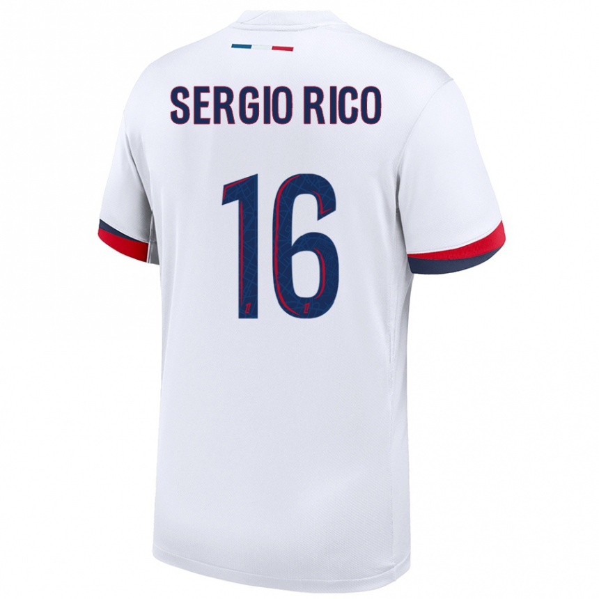 Niño Fútbol Camiseta Sergio Rico #16 Blanco Azul Rojo 2ª Equipación 2024/25 Perú