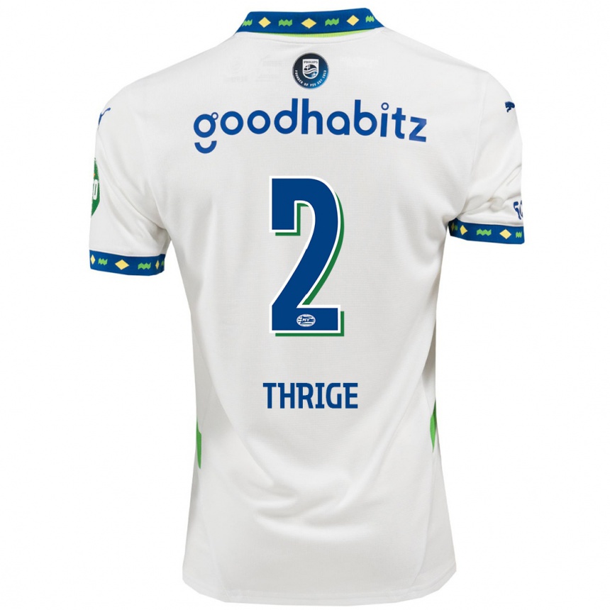 Niño Fútbol Camiseta Sara Thrige #2 Blanco Azul Oscuro Equipación Tercera 2024/25 Perú