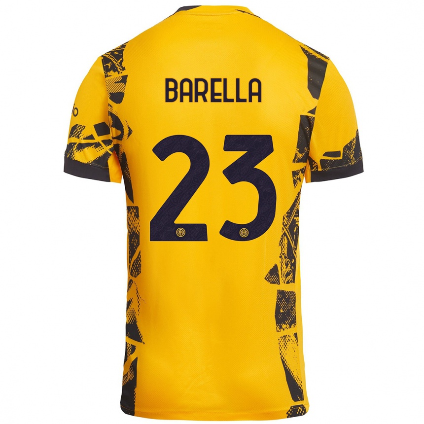 Niño Fútbol Camiseta Nicolò Barella #23 Dorado Negro Equipación Tercera 2024/25 Perú