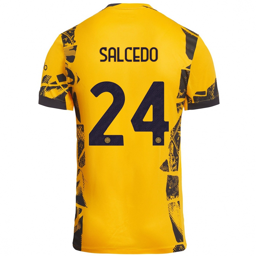 Niño Fútbol Camiseta Eddie Salcedo #24 Dorado Negro Equipación Tercera 2024/25 Perú