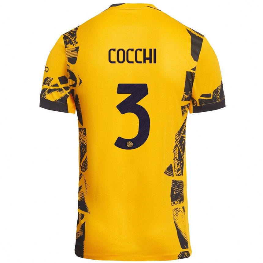 Niño Fútbol Camiseta Matteo Cocchi #3 Dorado Negro Equipación Tercera 2024/25 Perú