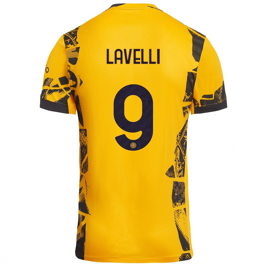 Niño Fútbol Camiseta Matteo Lavelli #9 Dorado Negro Equipación Tercera 2024/25 Perú