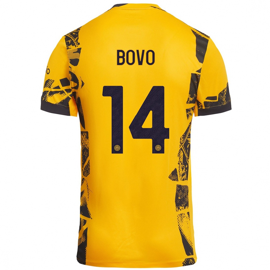 Niño Fútbol Camiseta Leonardo Bovo #14 Dorado Negro Equipación Tercera 2024/25 Perú