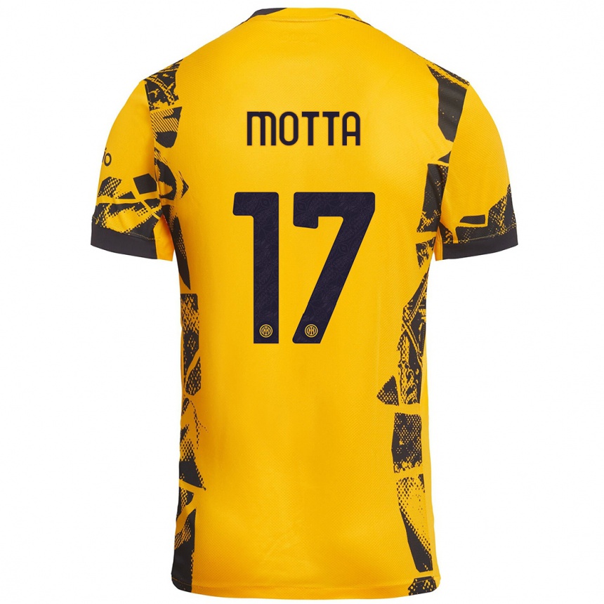 Niño Fútbol Camiseta Matteo Motta #17 Dorado Negro Equipación Tercera 2024/25 Perú