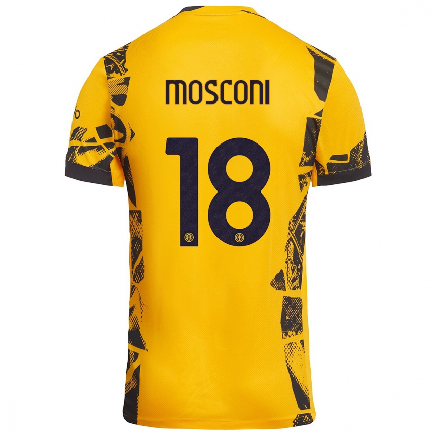 Niño Fútbol Camiseta Mattia Mosconi #18 Dorado Negro Equipación Tercera 2024/25 Perú