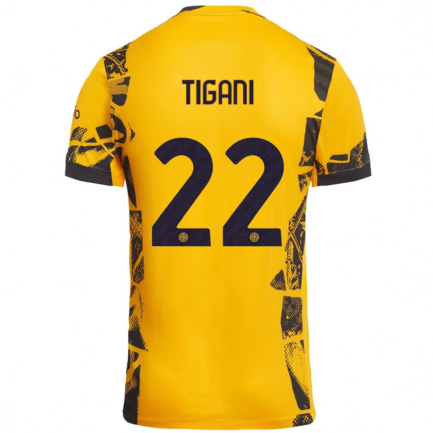 Niño Fútbol Camiseta Edoardo Tigani #22 Dorado Negro Equipación Tercera 2024/25 Perú