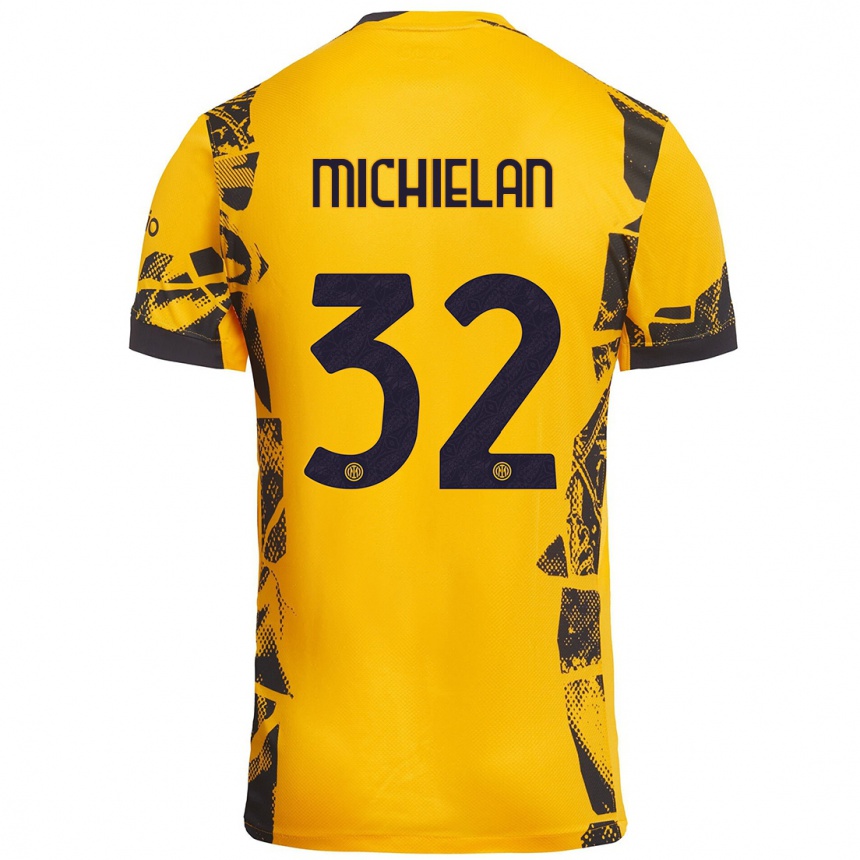 Niño Fútbol Camiseta Mattia Michielan #32 Dorado Negro Equipación Tercera 2024/25 Perú