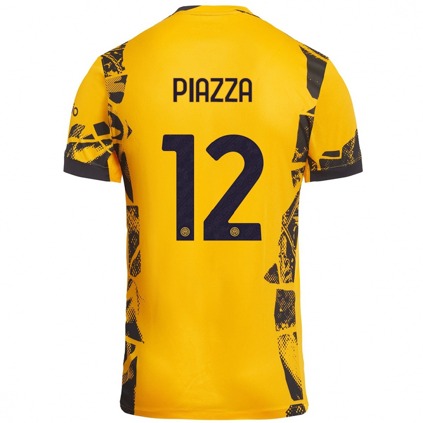 Niño Fútbol Camiseta Alessia Piazza #12 Dorado Negro Equipación Tercera 2024/25 Perú