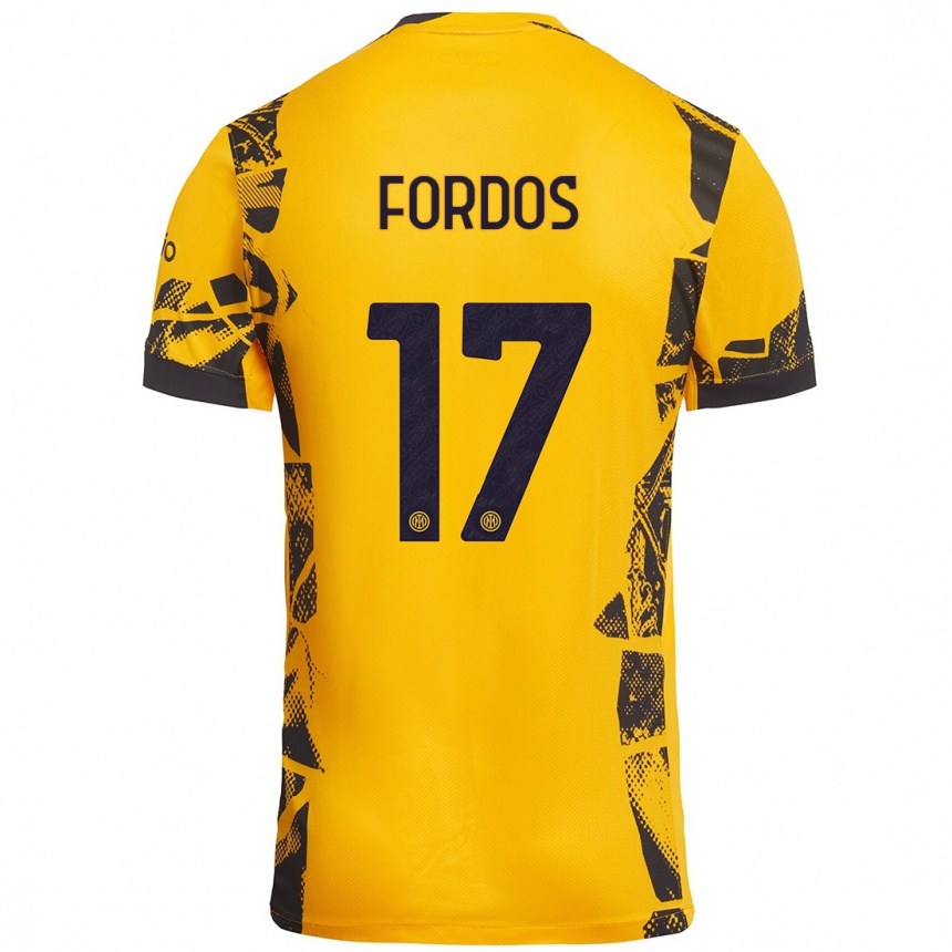 Niño Fútbol Camiseta Beatrix Fördős #17 Dorado Negro Equipación Tercera 2024/25 Perú