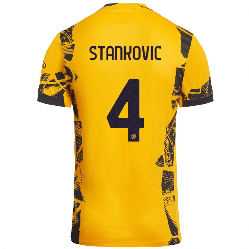 Niño Fútbol Camiseta Aleksandar Stankovic #4 Dorado Negro Equipación Tercera 2024/25 Perú