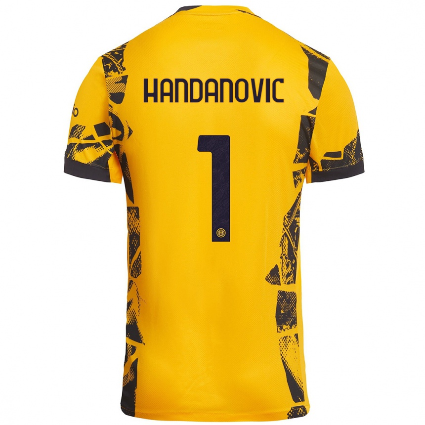 Niño Fútbol Camiseta Samir Handanovic #1 Dorado Negro Equipación Tercera 2024/25 Perú