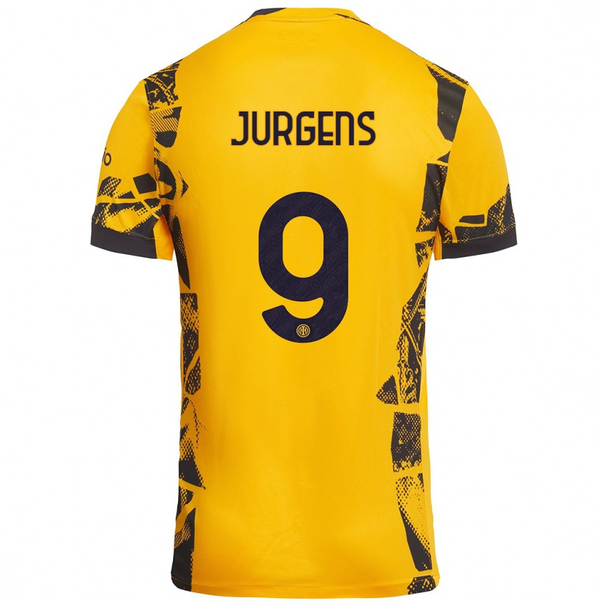 Niño Fútbol Camiseta Oliver Jurgens #9 Dorado Negro Equipación Tercera 2024/25 Perú