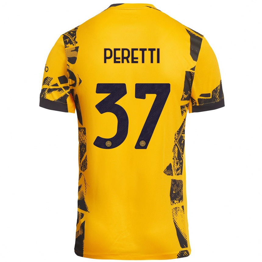 Niño Fútbol Camiseta Lorenzo Peretti #37 Dorado Negro Equipación Tercera 2024/25 Perú