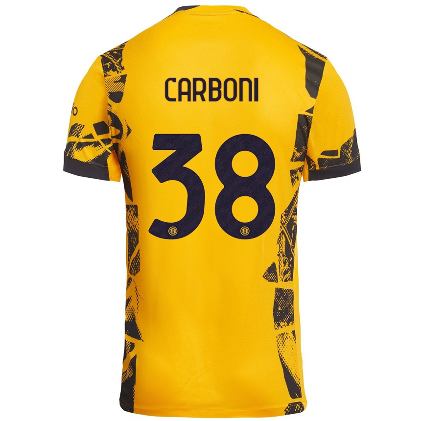 Niño Fútbol Camiseta Valentin Carboni #38 Dorado Negro Equipación Tercera 2024/25 Perú