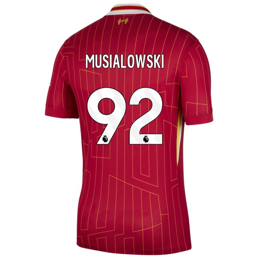 Hombre Fútbol Camiseta Mateusz Musialowski #92 Rojo Amarillo Blanco 1ª Equipación 2024/25 Perú