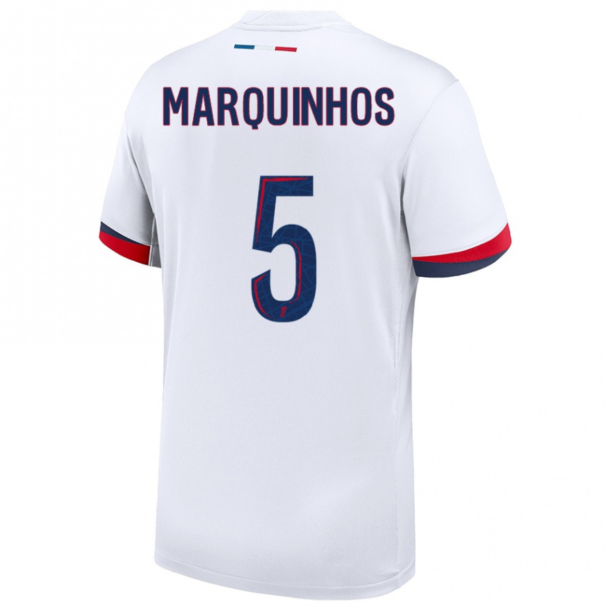 Hombre Fútbol Camiseta Marquinhos #5 Blanco Azul Rojo 2ª Equipación 2024/25 Perú