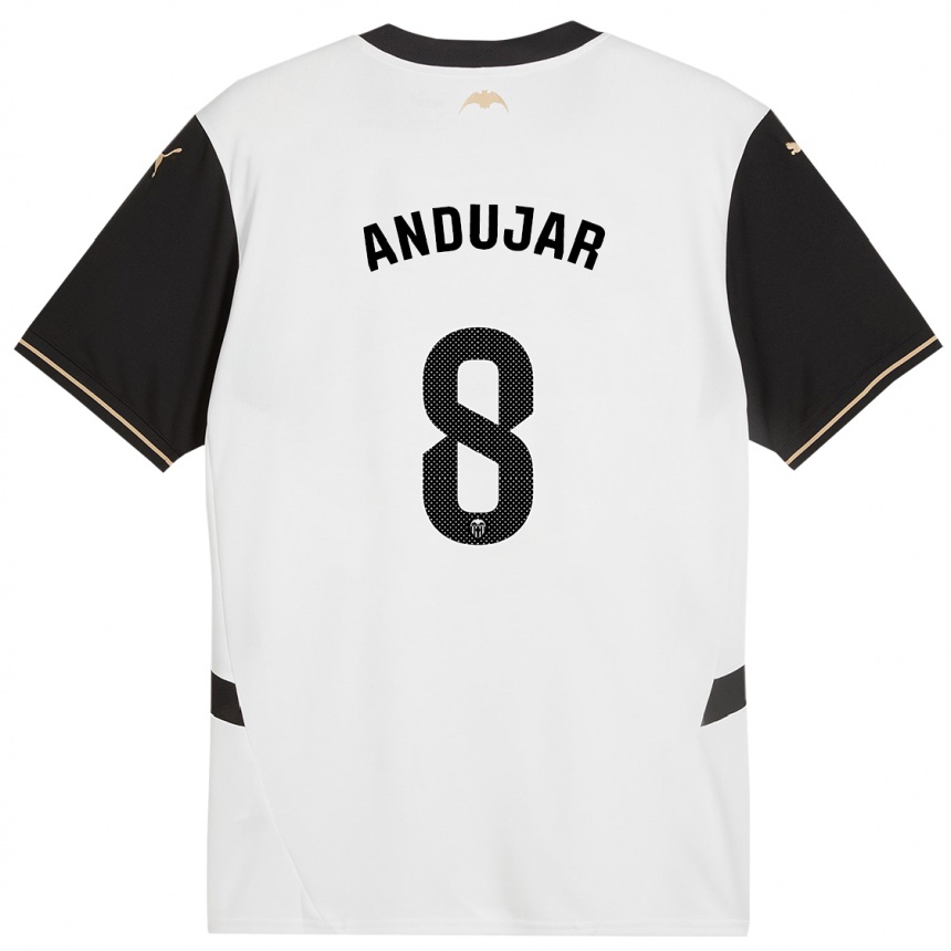 Niño Fútbol Camiseta Candela Andujar #8 Blanco Negro 1ª Equipación 2024/25 Perú