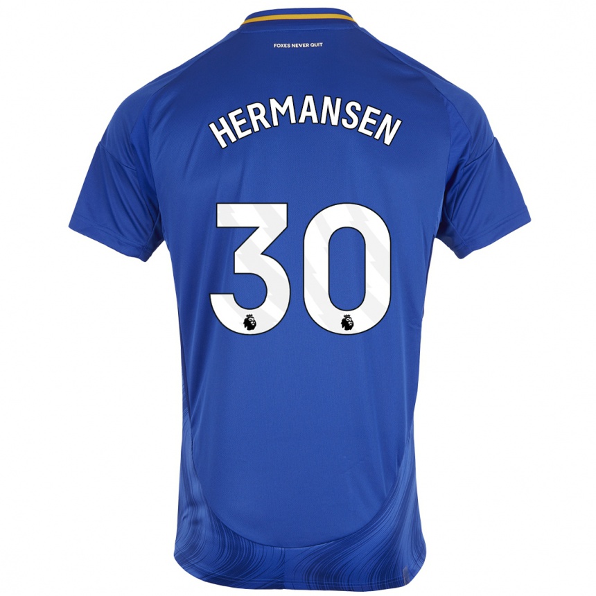 Niño Fútbol Camiseta Mads Hermansen #30 Azul Blanco 1ª Equipación 2024/25 Perú