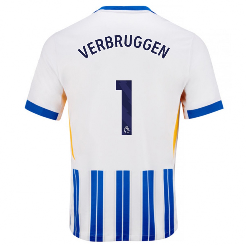 Niño Fútbol Camiseta Bart Verbruggen #1 Blanco Azul Rayas 1ª Equipación 2024/25 Perú