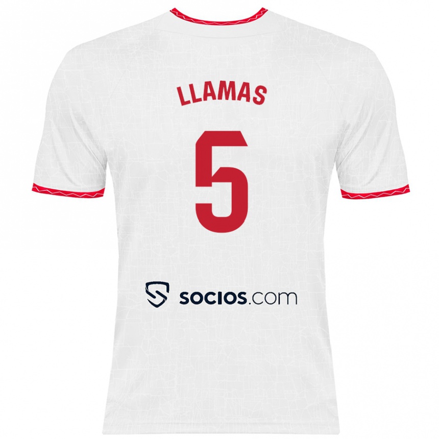 Niño Fútbol Camiseta Eva Llamas Hernández #5 Blanco Rojo 1ª Equipación 2024/25 Perú