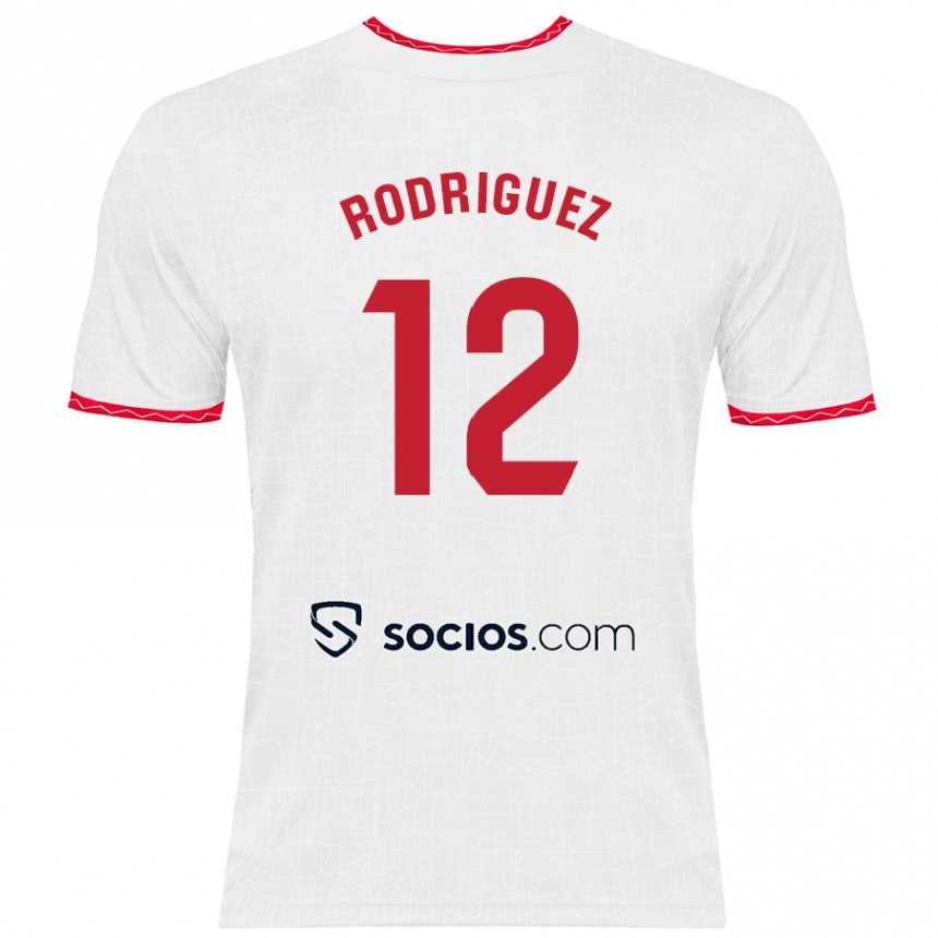 Niño Fútbol Camiseta Lucía María Rodríguez Herrero #12 Blanco Rojo 1ª Equipación 2024/25 Perú